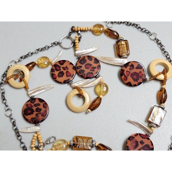 Beaded Belt Glass Acrylic Wood Chain Link Adjustable Silver Tone Leopard Vintage main image 8